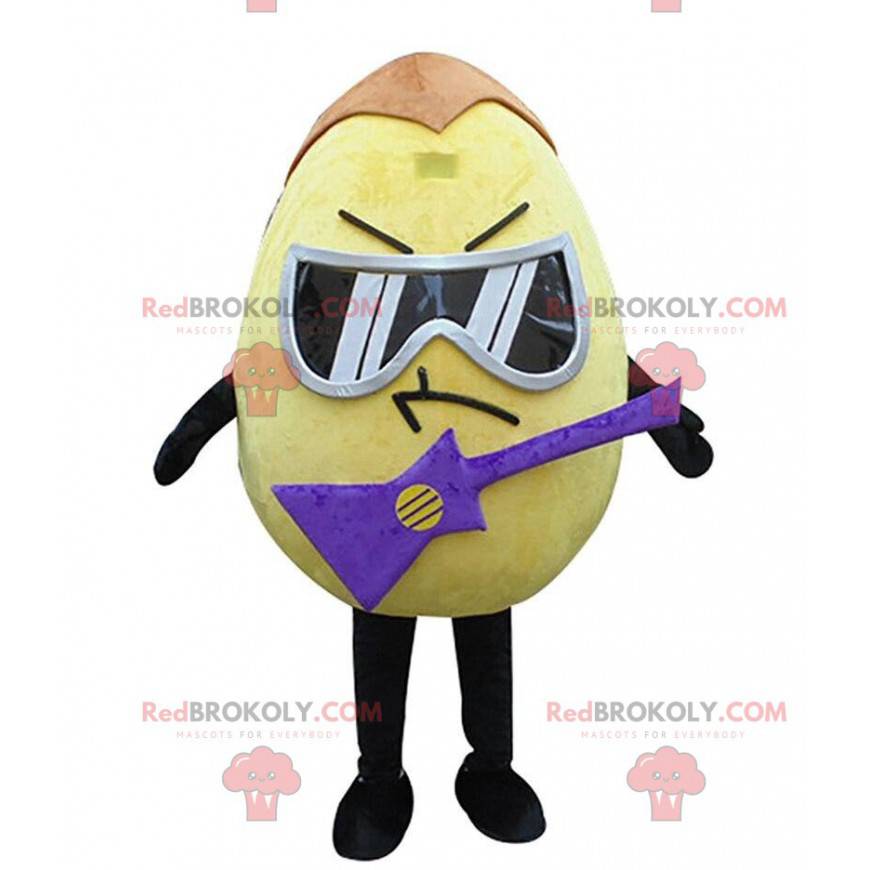 Gul äggmaskot med exponeringsglas och en elektrisk gitarr -