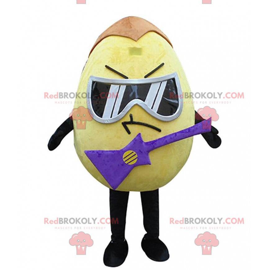 Mascote do ovo amarelo com óculos e uma guitarra elétrica -