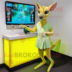 Lemon Yellow Kangaroo mascot costume character dressed with a Cocktail Dress and Digital watches