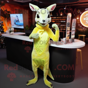 Lemon Yellow Kangaroo mascot costume character dressed with a Cocktail Dress and Digital watches