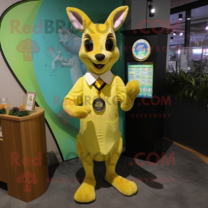 Lemon Yellow Kangaroo mascot costume character dressed with a Cocktail Dress and Digital watches