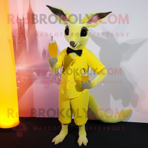 Lemon Yellow Kangaroo mascot costume character dressed with a Cocktail Dress and Digital watches