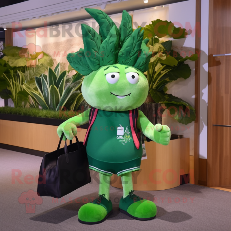 Forest Green Beet mascot costume character dressed with a Bermuda Shorts and Tote bags