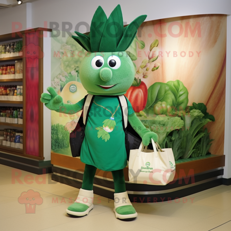 Forest Green Beet mascot costume character dressed with a Bermuda Shorts and Tote bags