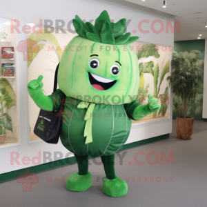 Forest Green Beet mascot costume character dressed with a Bermuda Shorts and Tote bags