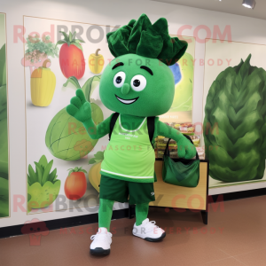 Forest Green Beet mascot costume character dressed with a Bermuda Shorts and Tote bags