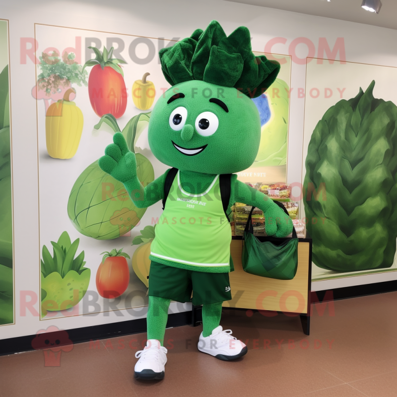 Forest Green Beet mascot costume character dressed with a Bermuda Shorts and Tote bags