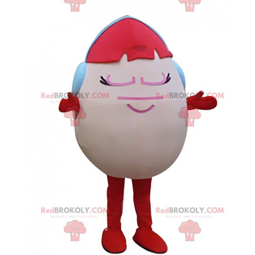 Mascota de huevo rosa con pelo rojo y auriculares -