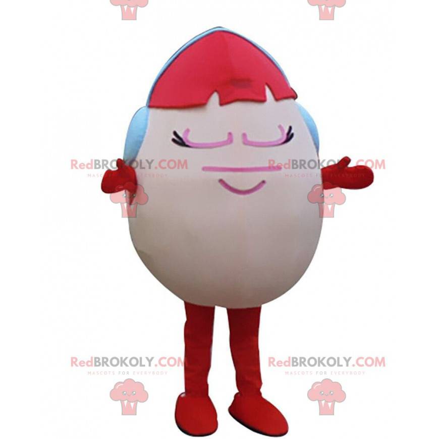 Mascotte d'œuf rose avec les cheveux rouges et un casque audio Mascotte d'œuf rose avec les cheveux rouges et un casque audio