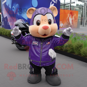 Purple Hamster mascot costume character dressed with a Biker Jacket and Backpacks