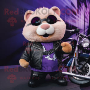 Purple Hamster mascot costume character dressed with a Biker Jacket and Backpacks