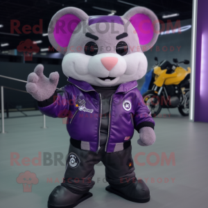Purple Hamster mascot costume character dressed with a Biker Jacket and Backpacks