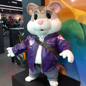 Purple Hamster mascot costume character dressed with a Biker Jacket and Backpacks