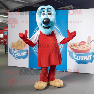 Sky Blue Currywurst mascot costume character dressed with a V-Neck Tee and Cummerbunds