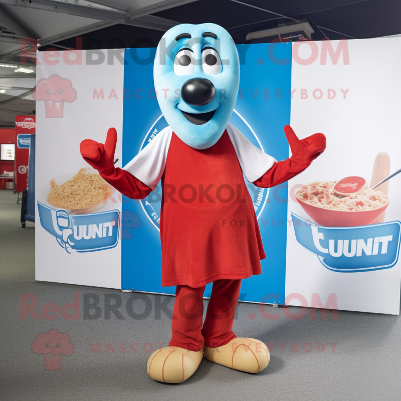 Sky Blue Currywurst mascot costume character dressed with a V-Neck Tee and Cummerbunds Sky Blue Currywurst mascot costume character dressed with a V-Neck Tee and Cummerbunds