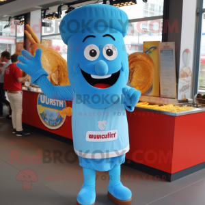 Sky Blue Currywurst mascot costume character dressed with a V-Neck Tee and Cummerbunds