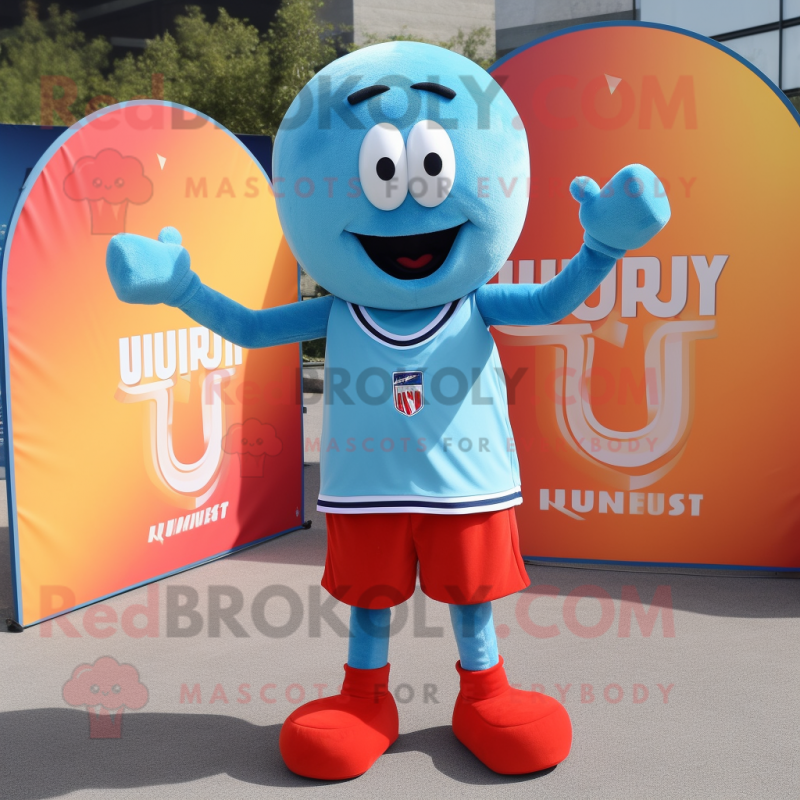 Sky Blue Currywurst mascot costume character dressed with a V-Neck Tee and Cummerbunds Sky Blue Currywurst mascot costume character dressed with a V-Neck Tee and Cummerbunds