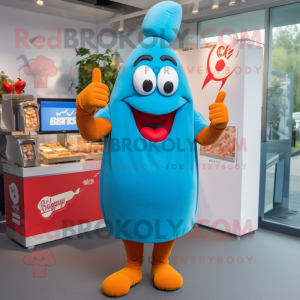 Sky Blue Currywurst mascot costume character dressed with a V-Neck Tee and Cummerbunds