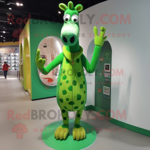 Green Giraffe mascot costume character dressed with a Long Sleeve Tee and Rings