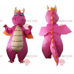 Mascote dragão rosa e laranja, fantasia de dinossauro -