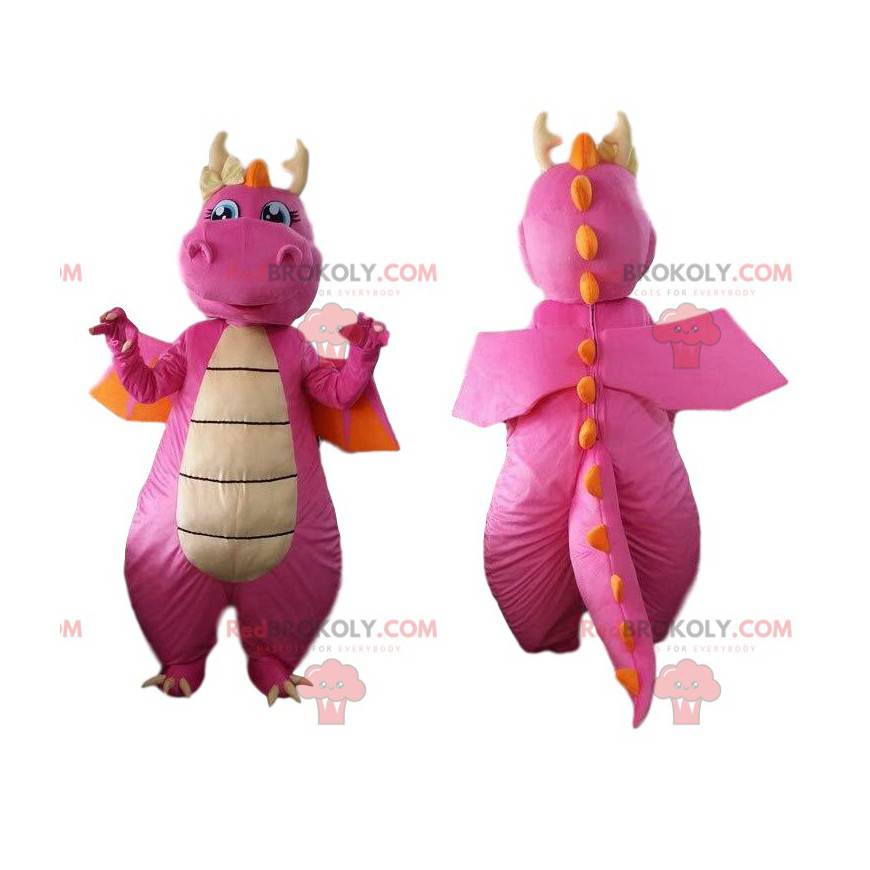 Mascota de dragón rosa y naranja, disfraz de dinosaurio -