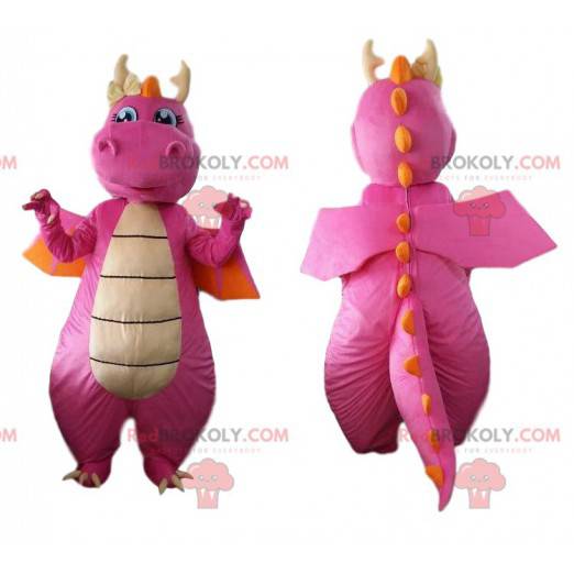 Mascotte drago rosa e arancione, costume da dinosauro -