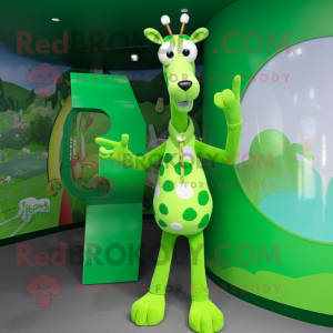 Green Giraffe mascot costume character dressed with a Long Sleeve Tee and Rings