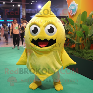 Lemon Yellow Piranha mascot costume character dressed with a Mini Dress and Beanies