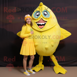 Lemon Yellow Piranha mascot costume character dressed with a Mini Dress and Beanies