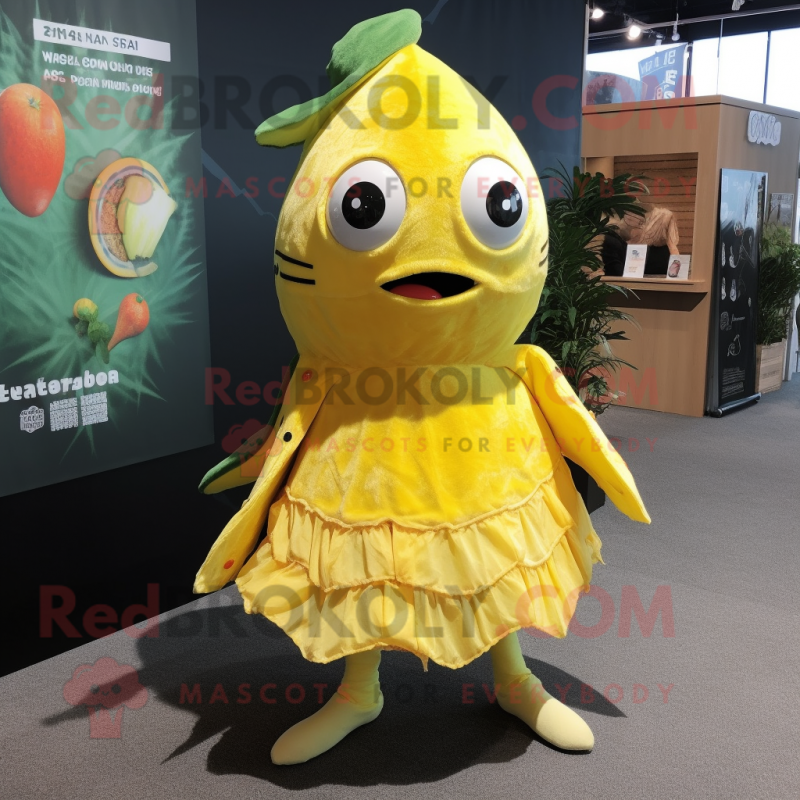Lemon Yellow Piranha mascot costume character dressed with a Mini Dress and Beanies Lemon Yellow Piranha mascot costume character dressed with a Mini Dress and Beanies