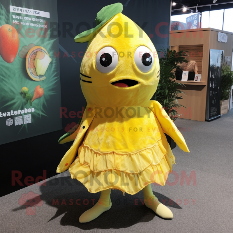 Lemon Yellow Piranha mascot costume character dressed with a Mini Dress and Beanies