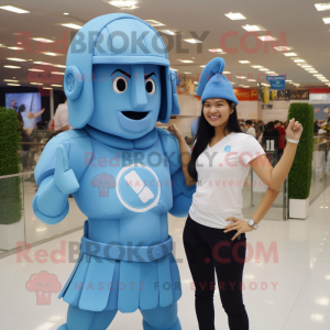 Sky Blue Spartan Soldier mascot costume character dressed with a Boyfriend Jeans and Hairpins