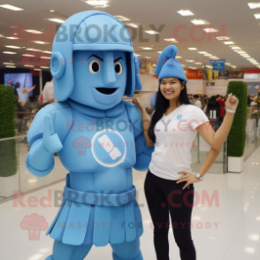 Sky Blue Spartan Soldier mascot costume character dressed with a Boyfriend Jeans and Hairpins