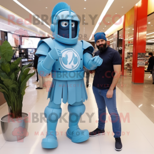 Sky Blue Spartan Soldier mascot costume character dressed with a Boyfriend Jeans and Hairpins
