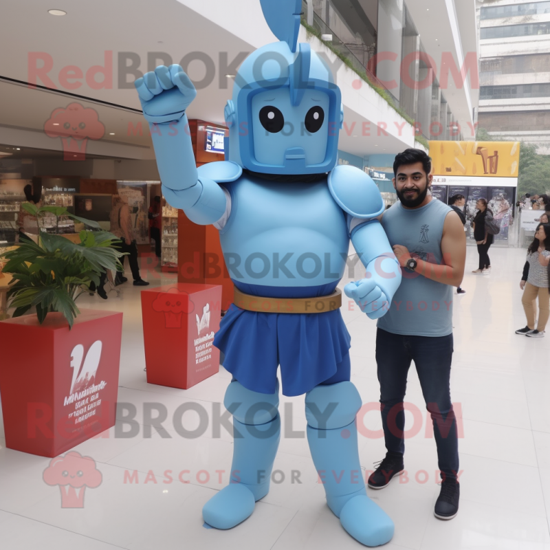 Sky Blue Spartan Soldier mascot costume character dressed with a Boyfriend Jeans and Hairpins