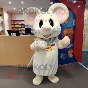 Cream Mouse mascot costume character dressed with a Long Sleeve Tee and Clutch bags