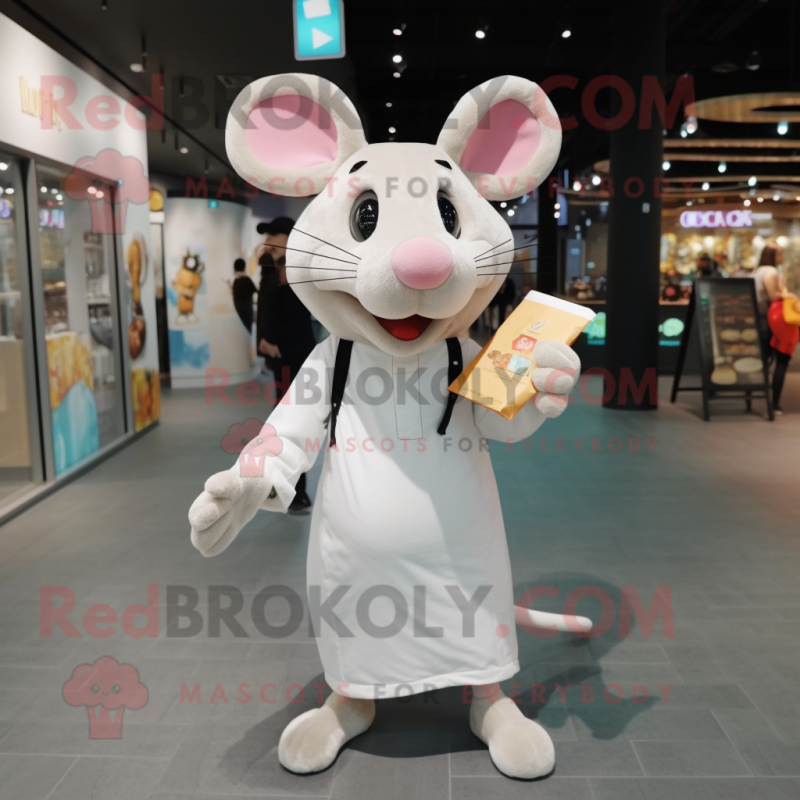 Cream Mouse mascot costume character dressed with a Long Sleeve Tee and Clutch bags Cream Mouse mascot costume character dressed with a Long Sleeve Tee and Clutch bags