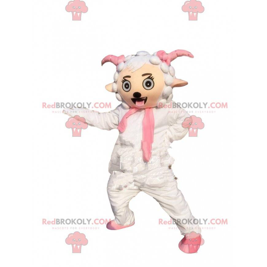 Mascote de ovelha branca e rosa, fantasia de ovelha gigante -