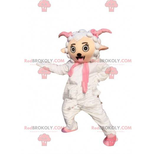 White and pink sheep mascot, giant sheep costume -