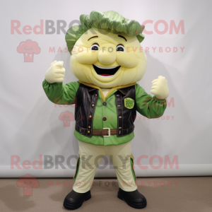 Cream Cabbage mascot costume character dressed with a Leather Jacket and Cummerbunds