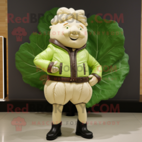 Cream Cabbage mascot costume character dressed with a Leather Jacket and Cummerbunds