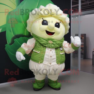 Cream Cabbage mascot costume character dressed with a Leather Jacket and Cummerbunds