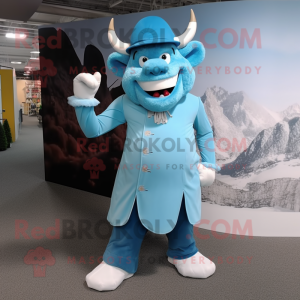 Sky Blue Minotaur mascot costume character dressed with a Dress Pants and Hats