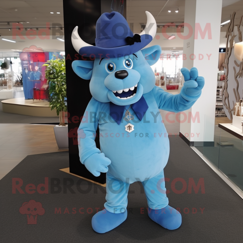 Sky Blue Minotaur mascot costume character dressed with a Dress Pants and Hats