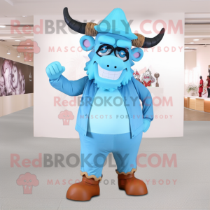 Sky Blue Minotaur mascot costume character dressed with a Dress Pants and Hats