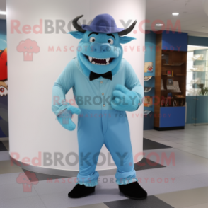 Sky Blue Minotaur mascot costume character dressed with a Dress Pants and Hats