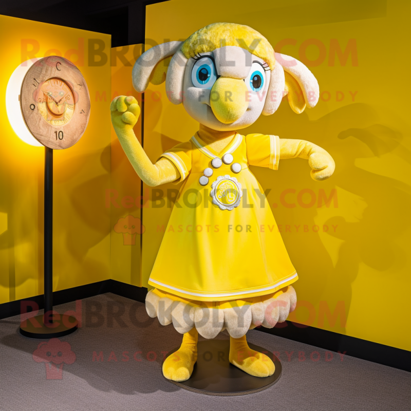 Lemon Yellow Ram mascot costume character dressed with a A-Line Dress and Bracelet watches