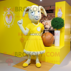 Lemon Yellow Ram mascot costume character dressed with a A-Line Dress and Bracelet watches