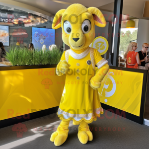 Lemon Yellow Ram mascot costume character dressed with a A-Line Dress and Bracelet watches