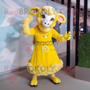 Lemon Yellow Ram mascot costume character dressed with a A-Line Dress and Bracelet watches